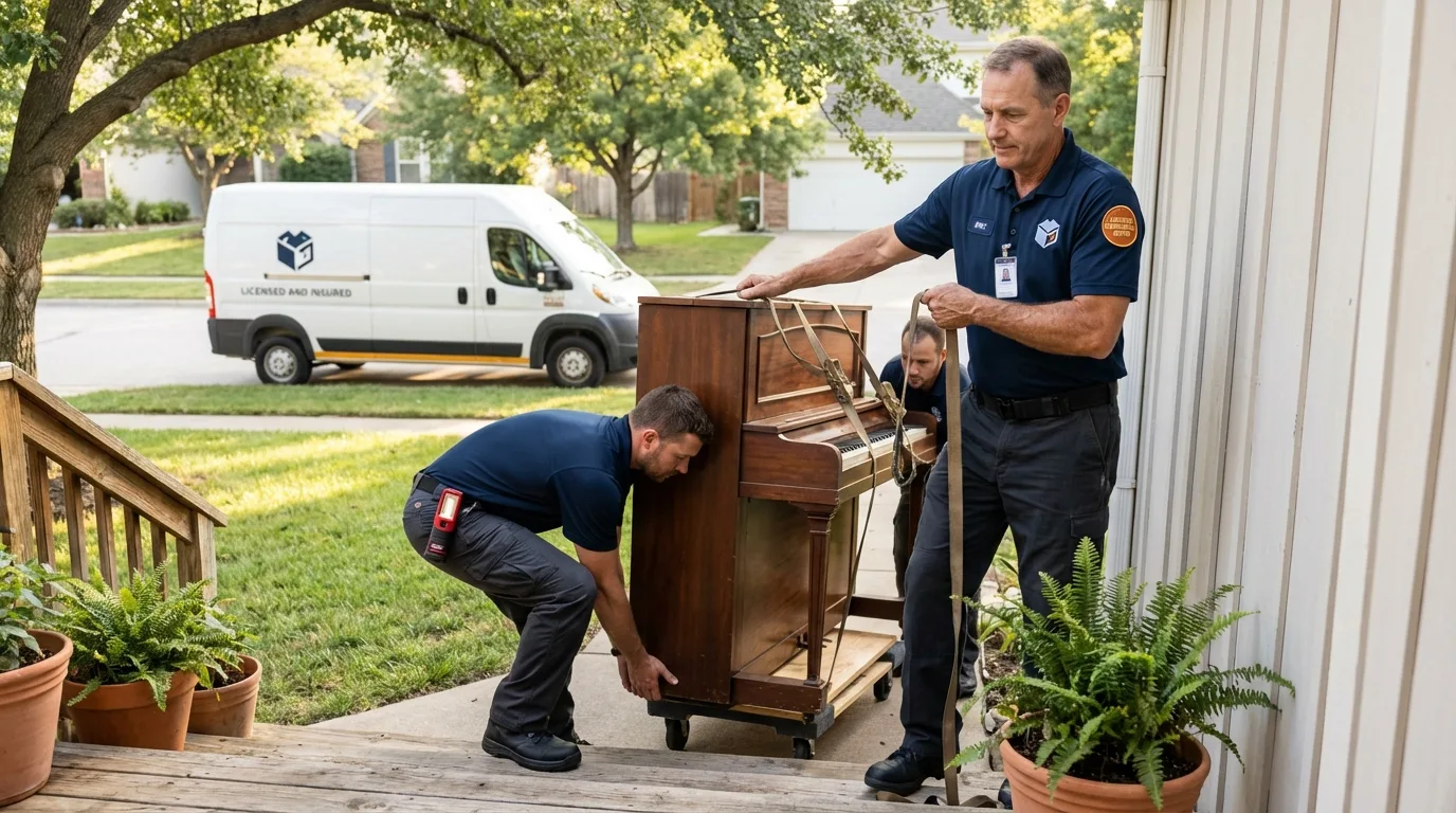 Licensed piano movers securing grand piano in Olcott, NY