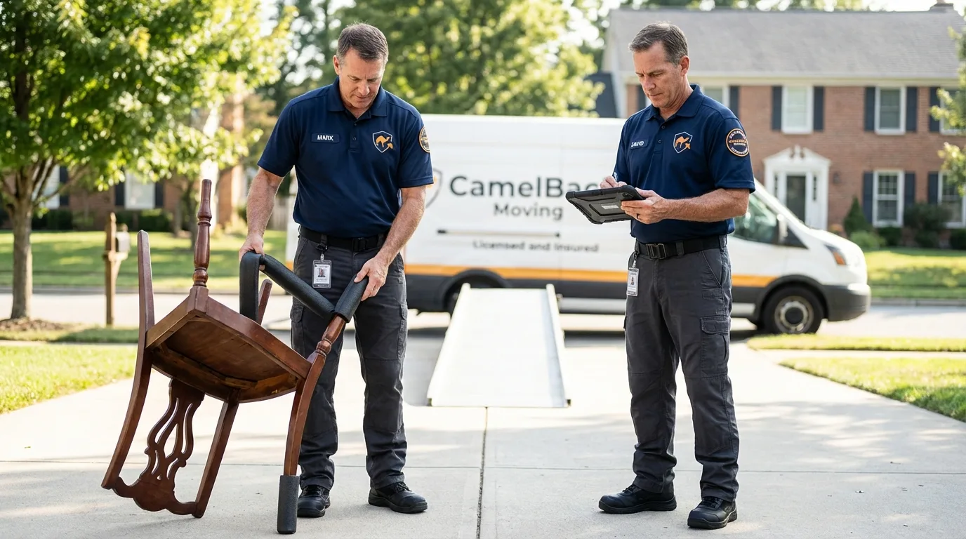 Movers inspecting furniture for damage prevention before loading in Olcott, NY