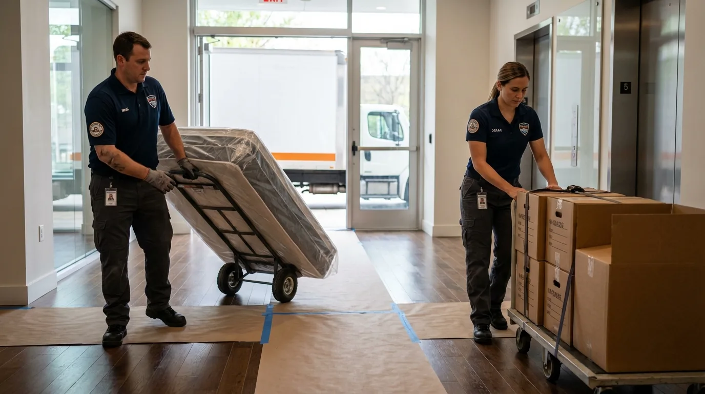 Professional apartment movers loading elevator in Olcott, NY