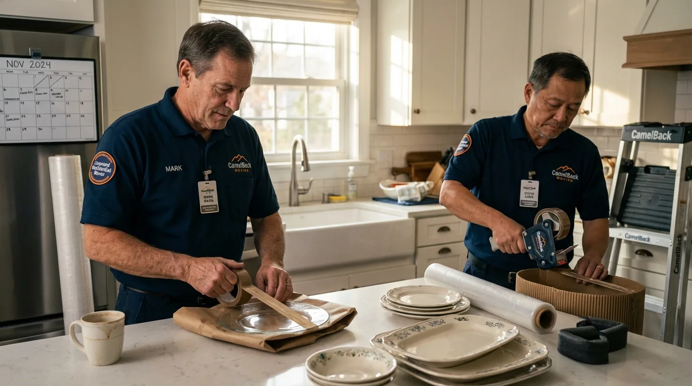 Professional crew packing kitchen dishware in Olcott, NY